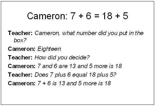 Student work sample: Cameron: 7 + 6 = 18 + 5