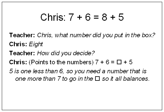 Student work sample: Chris: 7 + 6 = 8 + 5