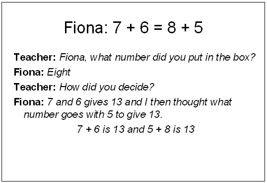Student work sample: Fiona: 7 + 6 = 8 + 5