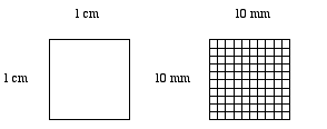 A box 1 cm squared, and a box grid 10mm squared