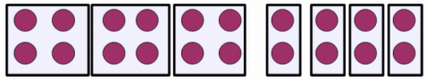 Diagram showing 7 boxes representing cages with various number of dots in each representing rabbits